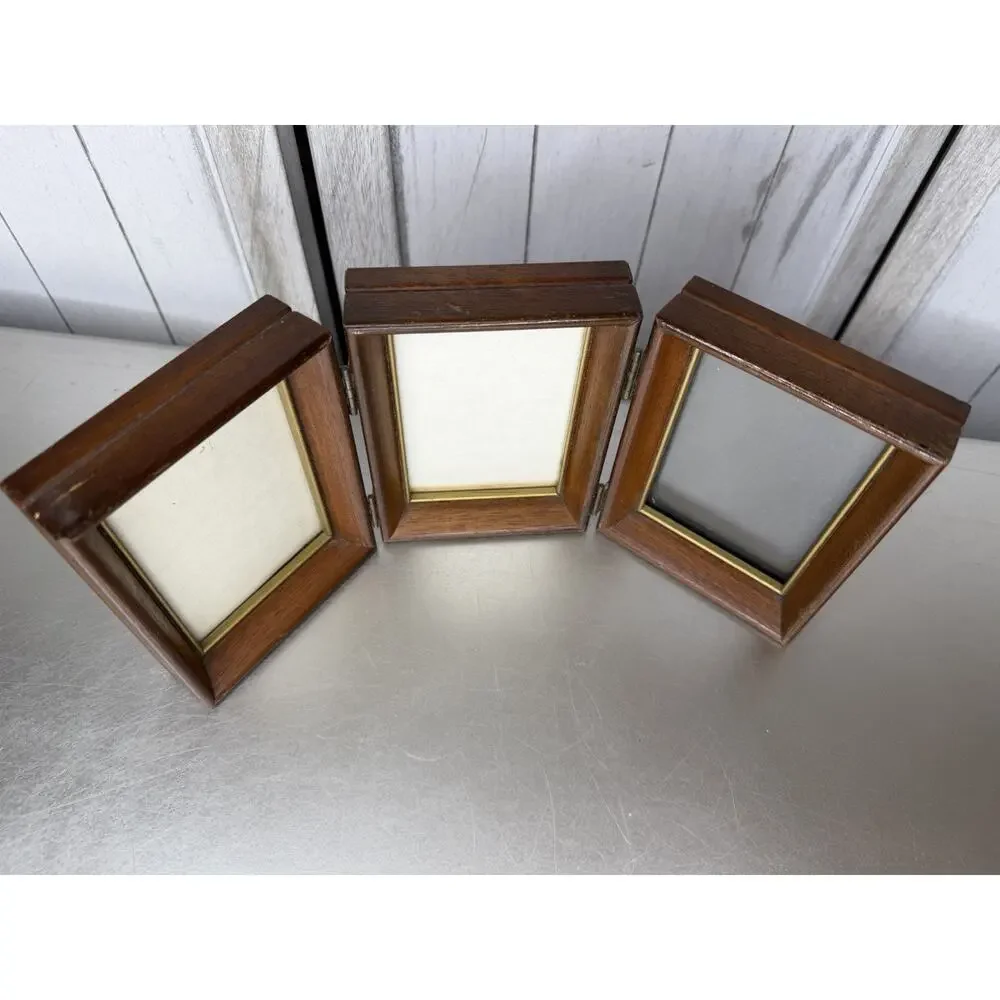 Vintage Wood Collage Trio 3 Picture Frame MCM Dark Brown 13in X 5.75in